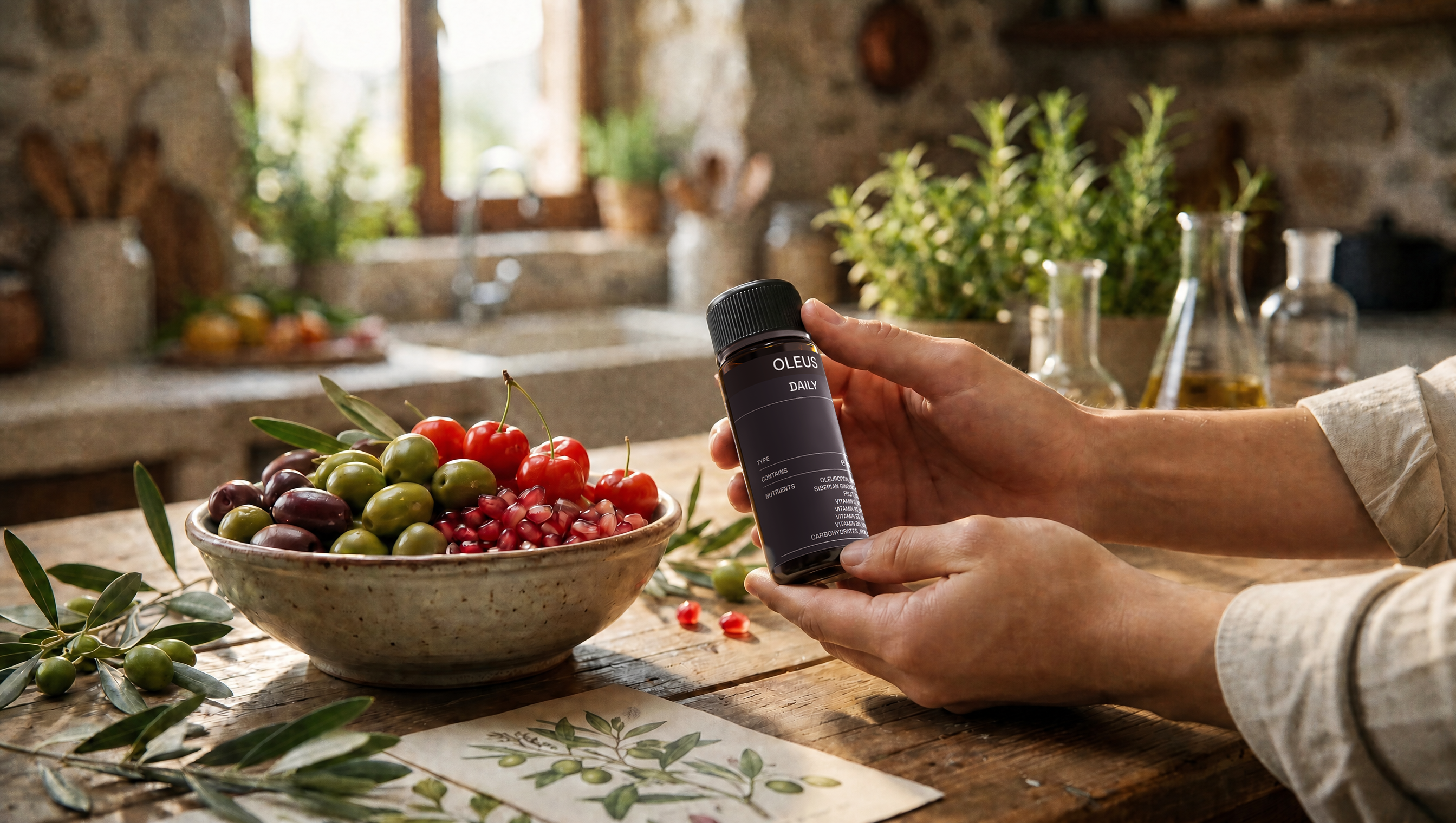 Olive leaves and OLEUS Daily Shot bottle on a natural surface, representing plant-based antioxidants for endurance athletes