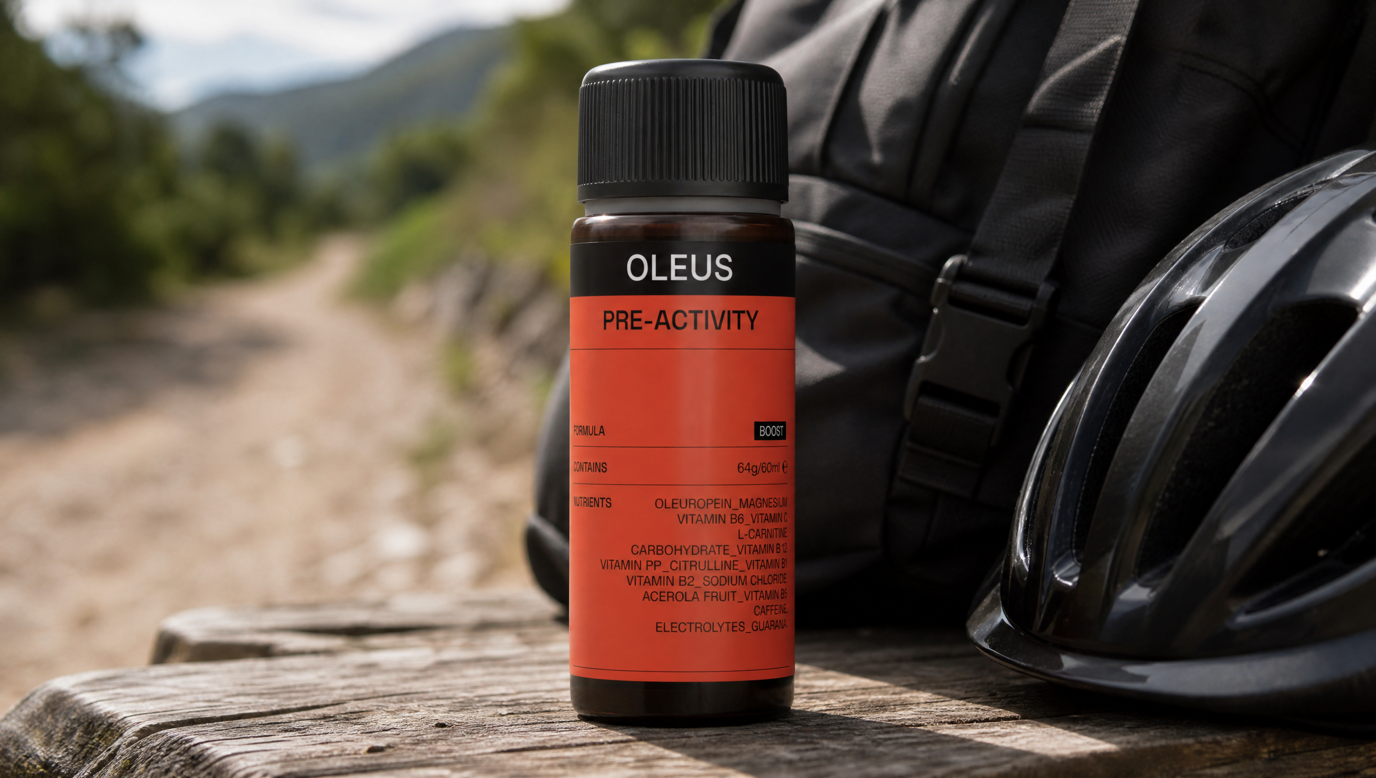 Pre-Activity Shot and ride essentials laid out at dawn, illustrating the endurance-calibrated approach to pre-effort supplementation