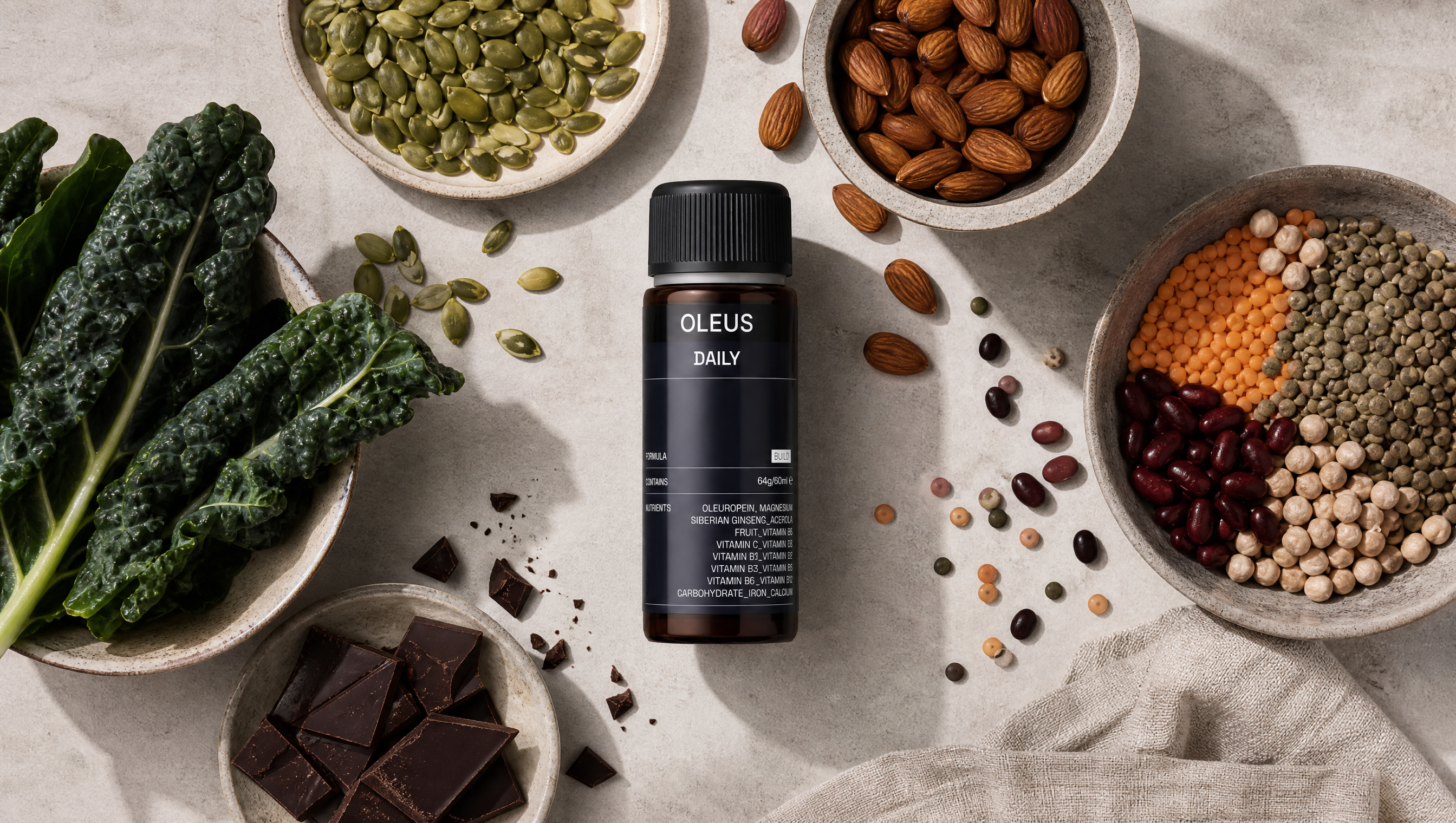 Magnesium rich foods laid out around the OLEUS Daily Shot, essential for Magnesium intake