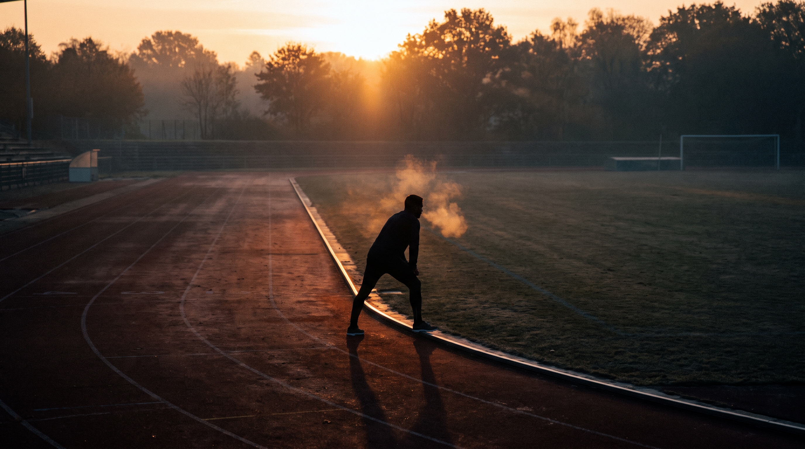 Athlete preparing at dawn, the cellular energy engine that powers every sport.
