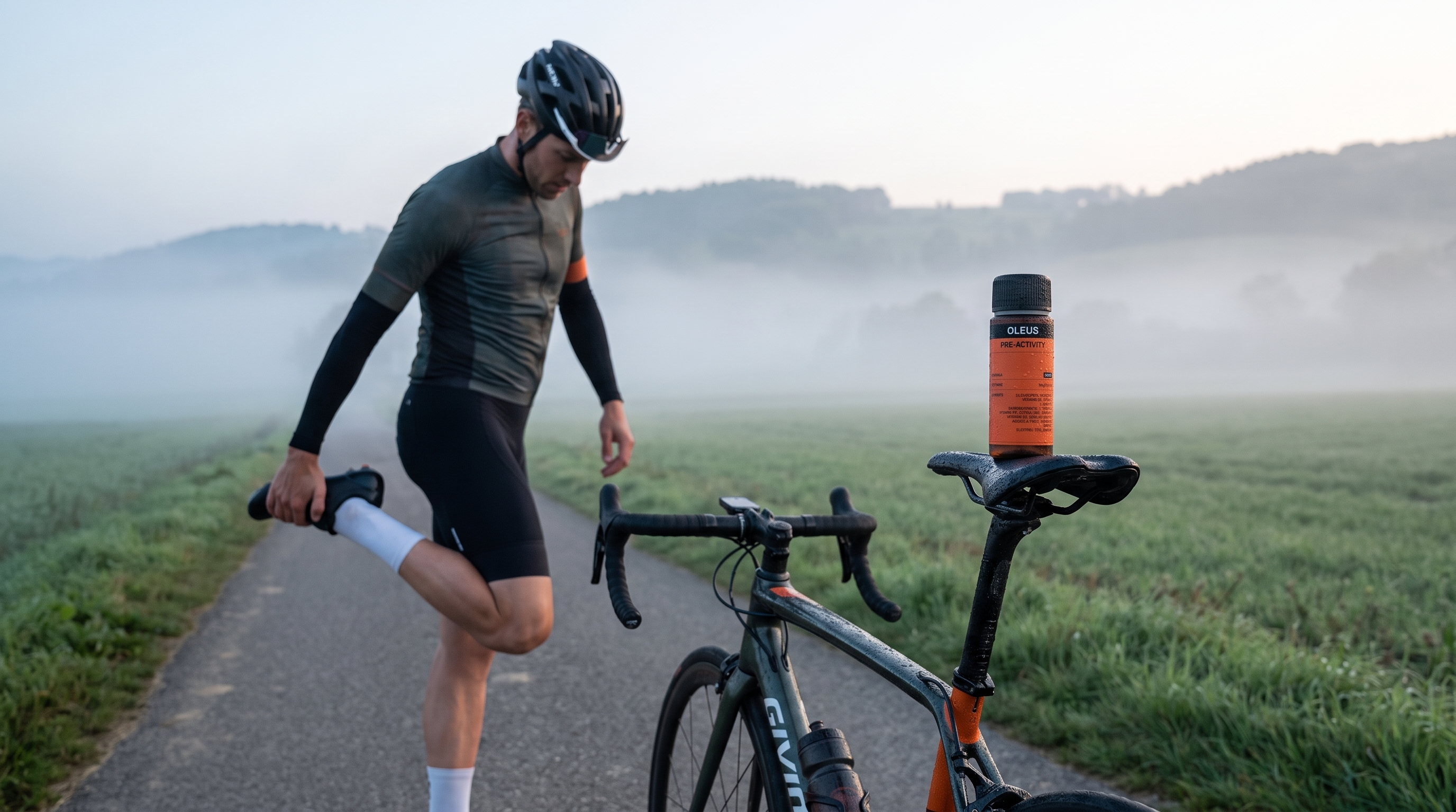 Cyclist warming up on a misty rural road before a hard interval session