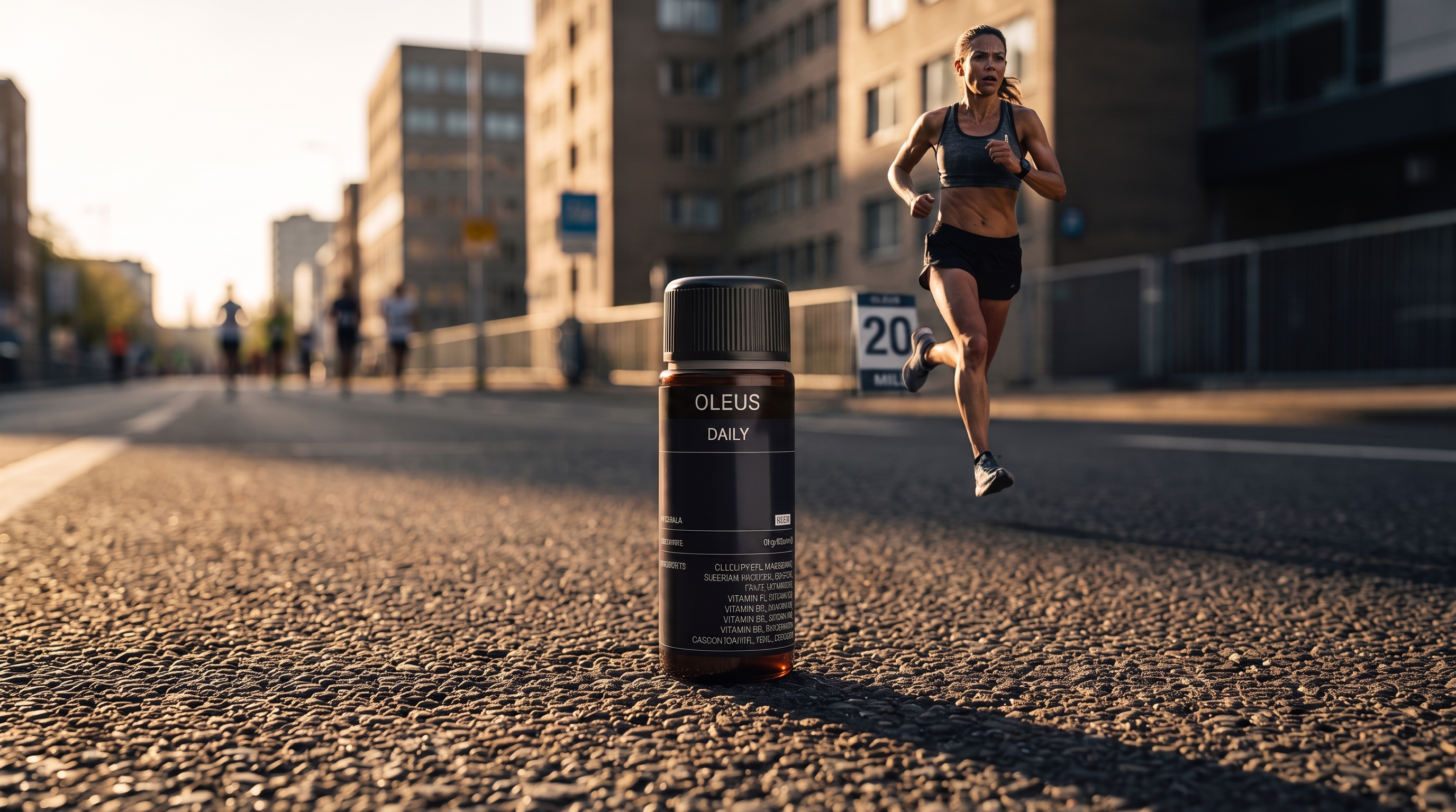 Marathon runner pushing through mitochondrial fatigue at mile 20 on a city course